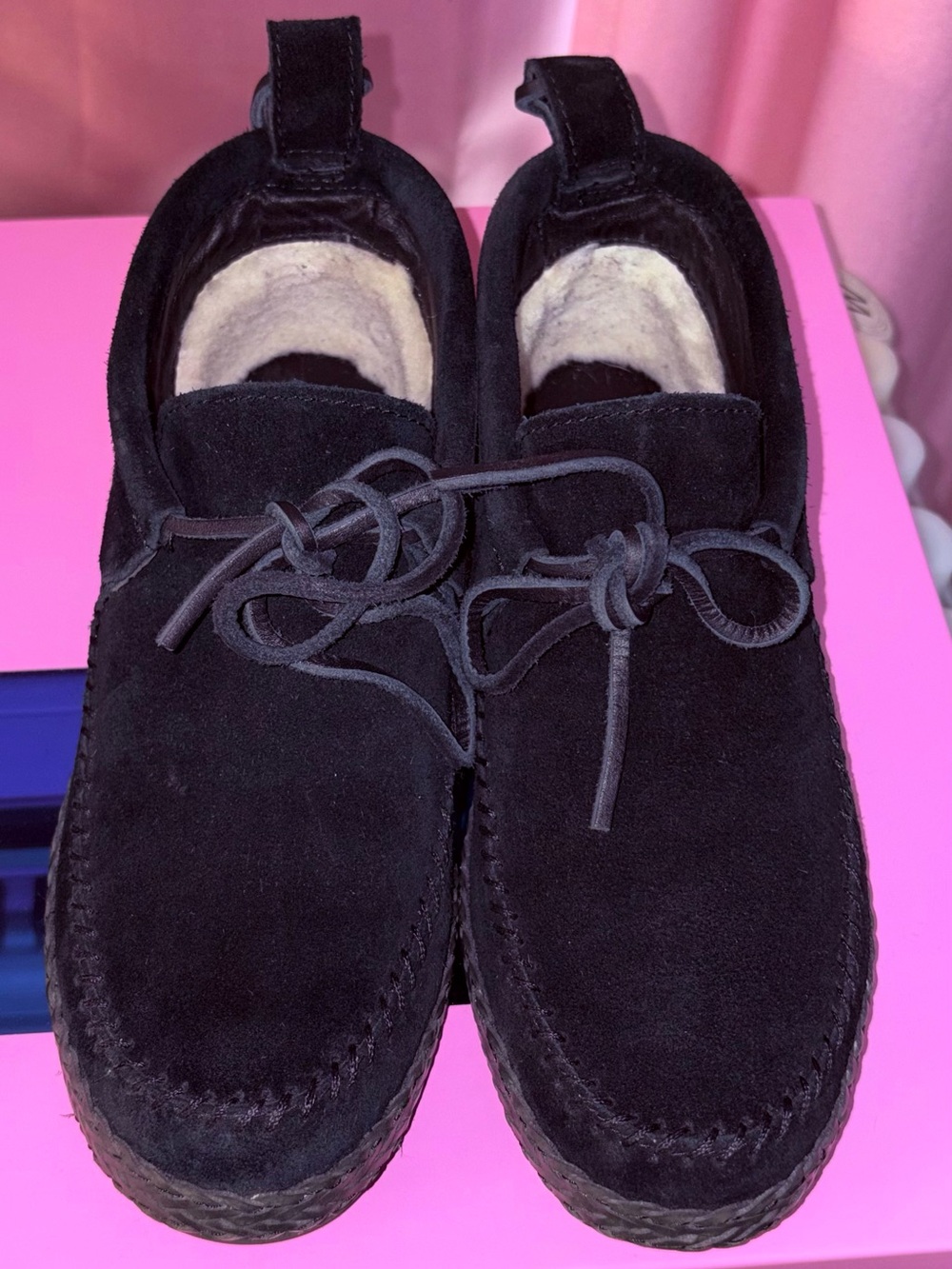UGG Black Suede Moccasin Slippers with Shearling Trim